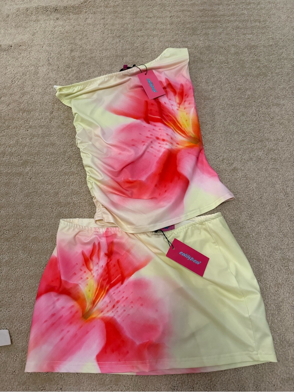Edikted Pink and Yellow Floral Tube Top and Skirt Set